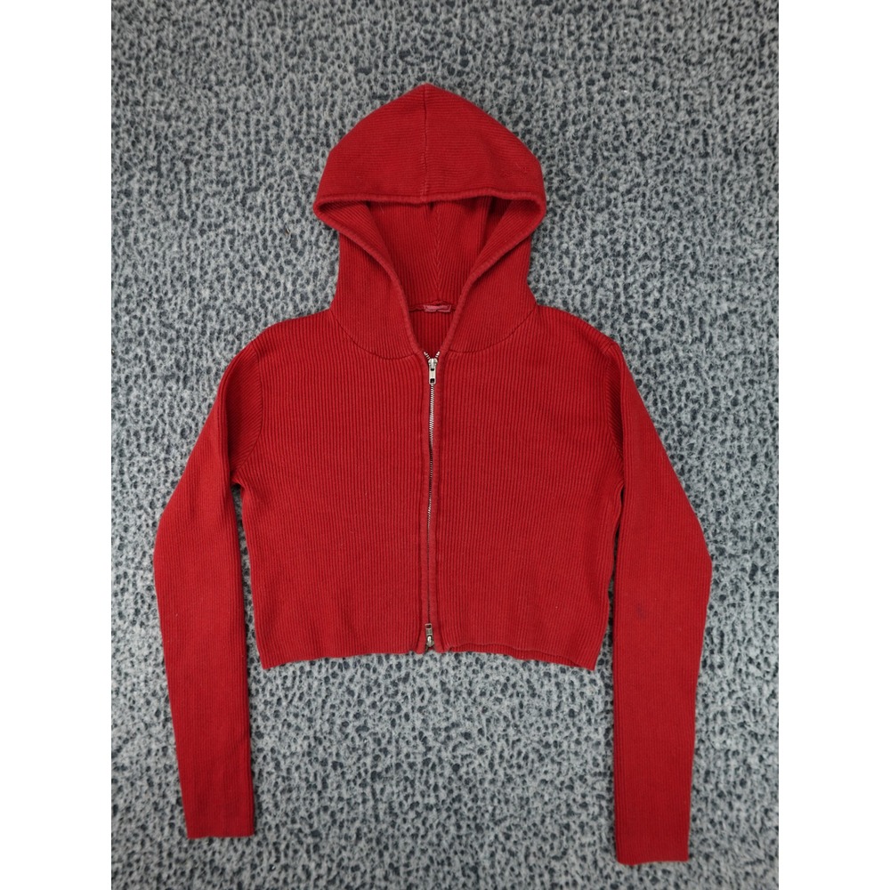 Brandy Melville Jacket Womens One Size Red Good Cropped Ribbed Zip Hoodie MH209